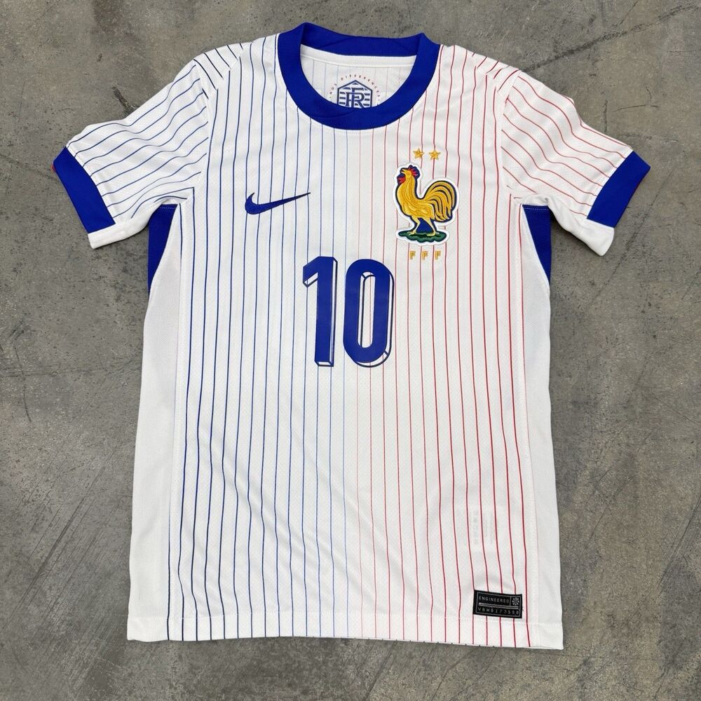 Nike France UEFA Away Jersey Kylian Mbappe #10 White Blue Kids Size Small White